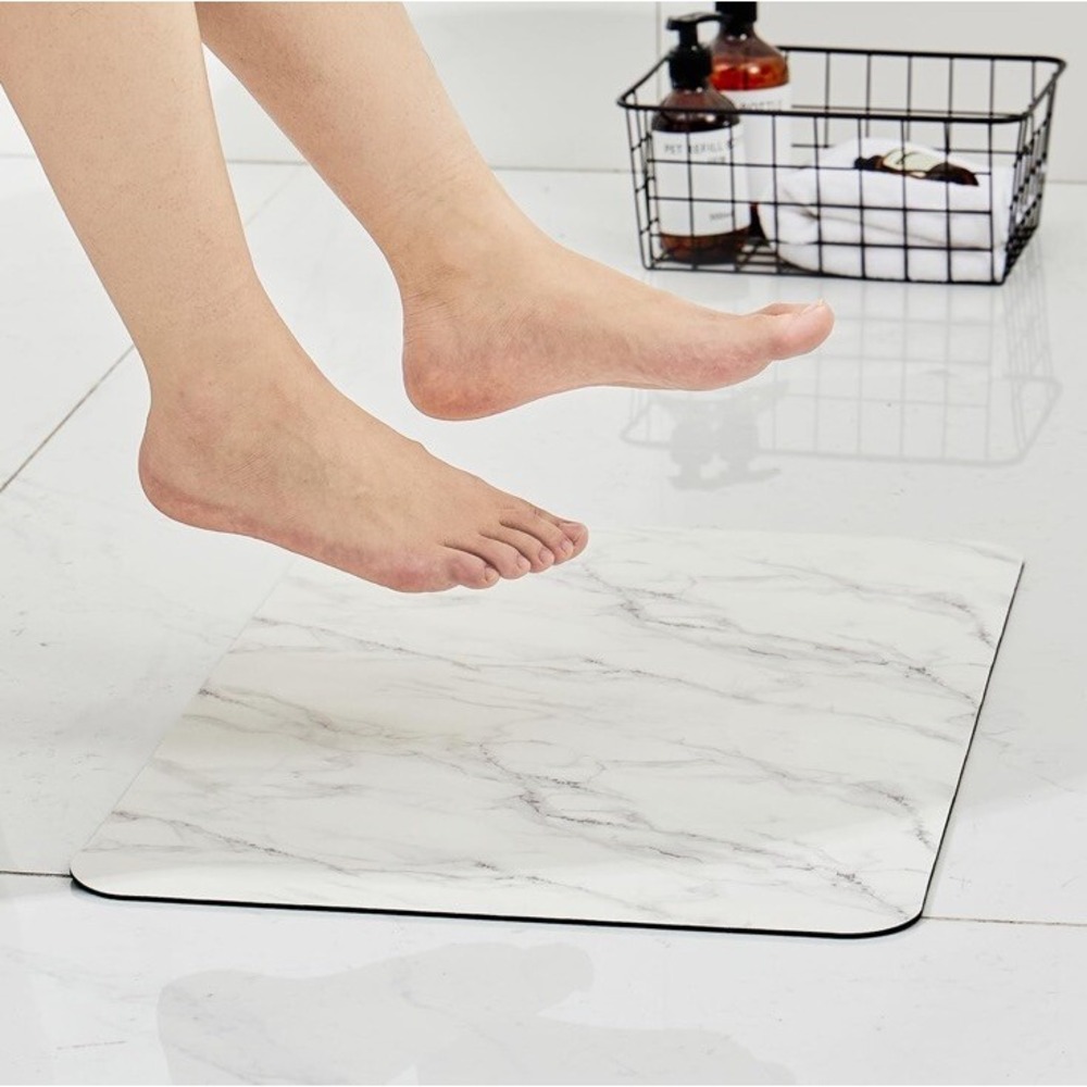 Povoda Bath Mat 23x15 White Marble Print Bathroom Non-Slip Washable Quick Dry
